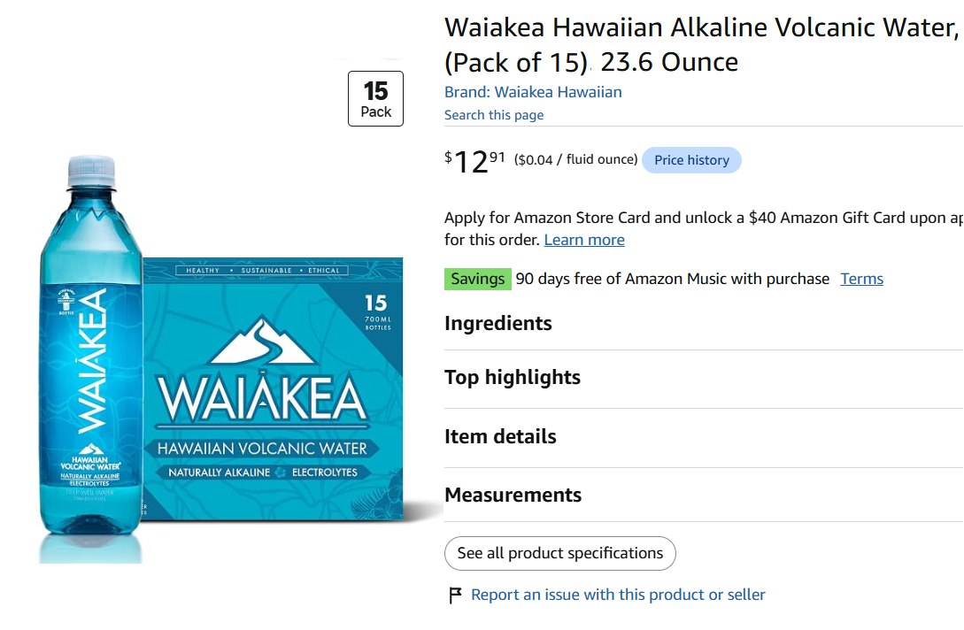 Glitch Price: 15 Pack of 23.6oz Waiākea Hawaiian Volcanic Naturally Alkaline Water only $12.91 (Reg $36)